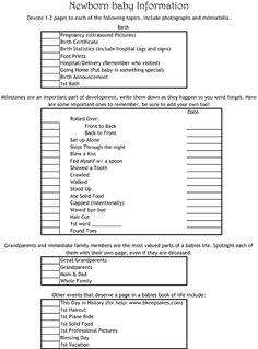 the baby information sheet for newborns to be taken home from their mother and father