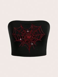 Black Casual Collar Sleeveless Knitted Fabric Graphic,Heart  Embellished Medium Stretch  Women Clothing Spiderman Crop Top, Summer Goth Fashion, Spiderman Clothes, Web Heart, Graphic Heart, Edm Outfits, Black Shirts Women, Heart Clothes, Shein Outfits