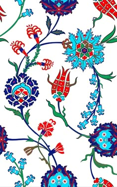 an image of a flower pattern on a white background with red, blue and green flowers