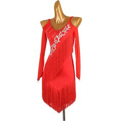 Customisable-Women's Long Sleeve Tassel DanceWear Dance Dress Performance Wear Red Elegant Red Dress With Fringe, Elegant Red Fringe Dresses, Fitted Fringe Dresses For Dance, Fitted Red Dress With Fringe, Fitted Red Fringe Dress, Tango Dress, Competition Dress, Tassel Dress, Wear Red