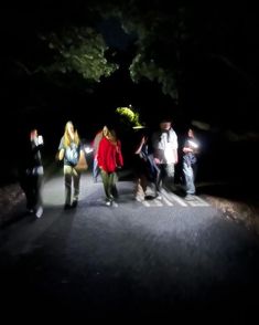 a group of people walking down a road at night