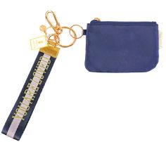 a blue keychain with a gold - plated name tag attached to it