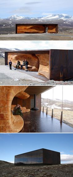 four different views of the same building in three different pictures, each with an open roof