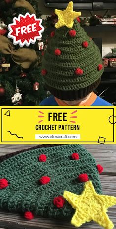 a crocheted christmas tree hat with stars on it