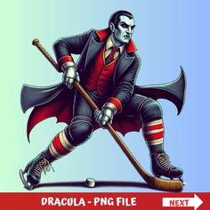 a drawing of dracula playing hockey on the ice