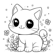 a cartoon cat sitting on the ground with flowers around it