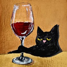 a painting of a black cat next to a glass of red wine on a table