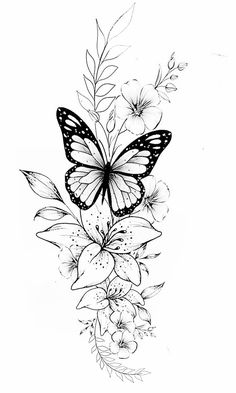 a black and white drawing of a butterfly on flowers