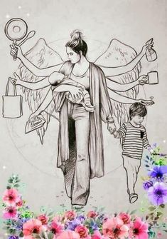 a drawing of an angel holding a child in her arms and two other angels behind it