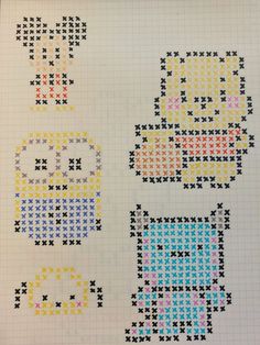 three cross stitch designs on a sheet of paper with dots in the shape of cartoon characters