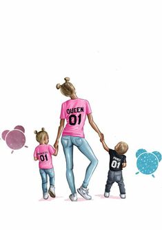 a woman and two children wearing pink shirts with balloons in the air behind them,