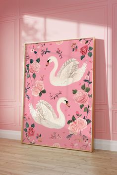 a pink wall with two white swans on it and roses in the background, against a pale pink wall