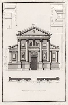 an old architectural drawing of a building with columns and arches on the front, and two doorways at the top