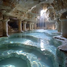 an indoor swimming pool in a cave with water running down the side and light coming from above