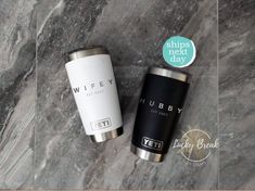 two personalized tumblers sitting next to each other on a marble surface with the words mr and mrs written on them