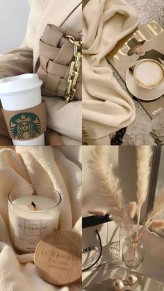 the collage shows coffee, candles and other items