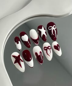 🌀 𐔌N!RESS PINS ︖﹖ 셀린  |  @/h3arttack on twt not mine, © to the owner/creator‼️ Cherry Red Coquette, Red Coquette Nails, Circus Nails, Dark Cherry Red, Red Coquette, Red And White Nails, Coquette Nails, Nails Y2k, Wine Nails