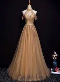 champagne tulle long prom dress Prom Dresses Halter Neck, Long Party Gowns, Fantasy Au, Gala Gowns, Fantasy Clothes, Long Party Dress, Cheap Formal Dresses, Fancy Clothes, Gold Prom