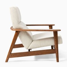 a wooden chair with white upholstered fabric