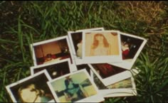 many polaroid photos are laying on the grass