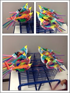 three different pictures of colorful paper fish in a basket on top of a white table