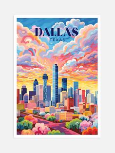 a painting of the city of dallas, texas with clouds in the sky above it