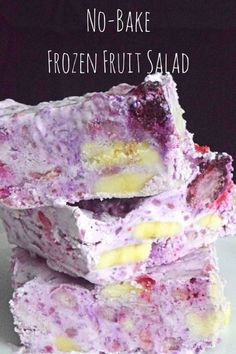 no - bake frozen fruit salad bars stacked on top of each other with text overlay