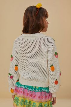 Embrace the joy of childhood with the Crochet Fruit Kids Sweater, featuring a playful medley of crochet fruit appliques that bring whimsy to any little one's wardrobe. This white crochet piece is airy and perfect for layering. The charming collar adds a hint of sophistication, ensuring that your little treasure stands out in a crowd with a garment as unique as they are. Composition 100% COTTON Care Instructions MACHINE WASH, GENTLE CYCLE, WASH INSIDE OUT, DO NOT BLEACH, LINE DRY, HANG TO DRY, IR Smocking Patterns, Crochet Fruit, Kids Blouse, Farm Rio, Kids Sweater, White Crochet, Smocking, Sweaters & Cardigans, Cardigans