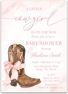 a pink and brown cowboy boot baby shower card with the words, it's on the