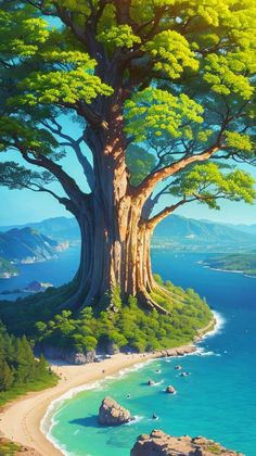 a painting of a tree on top of a hill next to the ocean