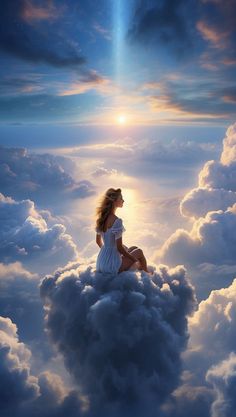 a woman sitting on top of a cloud in the sky