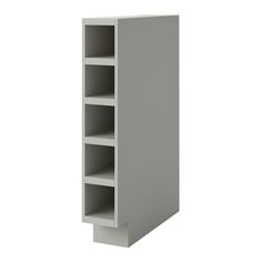 a tall white cabinet with shelves on the front and bottom shelf in grey, isolated against a white background