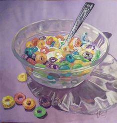 a painting of a bowl of cereal with a spoon in it next to some doughnuts