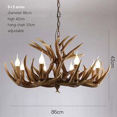 the antler chandelier is made from wood and has five lights on each side