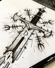 an ink drawing of a cross with arrows coming out of it's center piece