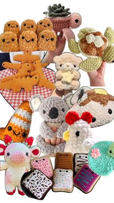 there are many crocheted animals that can be seen here