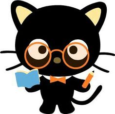 a black cat wearing glasses and holding a book with a pencil in it's paws