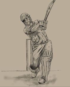 a pencil drawing of a man holding a bat and sitting on a cricket ball stump