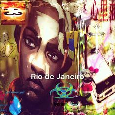 a digital painting of a man's face surrounded by other art related items and symbols