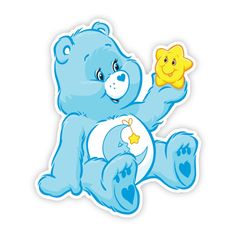 a blue teddy bear holding a star sticker