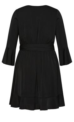 Nothing beats the bold, curve-loving style our Estelle Dress offers! Flaunting a faux-wrap style, full length bell sleeves and V-neckline, this dress combines feminine flair with dramatic touch for a style that is truly unforgettable! Key Features Include: - V-neckline - Faux-wrap style - Fabric tie belt - Full length bell sleeves - Ruffle hemline - Lined Wear with lace up strappy heels and pair with a bright red purse! | Plus Size Dress Estelle In Black | Size 12 | Avenue Plus Size Short Dresses, Estelle Dress, Red Purse, Lingerie Dress, Date Night Dresses, Plus Size Fashion For Women, Draped Dress, Fit N Flare Dress, City Chic