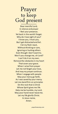 a poem with the words prayer to keep god present in black and white on an off - white background