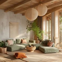 a living room filled with lots of furniture next to a large wooden flooring area