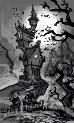 a black and white drawing of a church with bats flying around it's tower