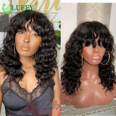 Deep Wave Brazilian Human Hair Wigs Wavy Scalp Top Machine Made Wigs With Bangs, #AD, ##Bangs, #Advertisement, #Machine, #Top, #Scalp Medium Wavy Bob, Human Hair Wigs With Bangs, Short Bob Cuts, Indian Remy Human Hair, Remy Human Hair Wigs, Human Wigs, How To Style Bangs, Brazilian Human Hair, Deep Wave