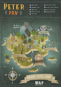 a map with the words peter pan on it