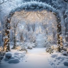 a winter scene with snow covered trees and steps leading up to an archway that has lights on it