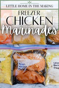 six freezer chicken marinades in bags with text overlay