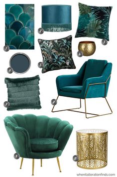 blue and green living room decor with gold accents