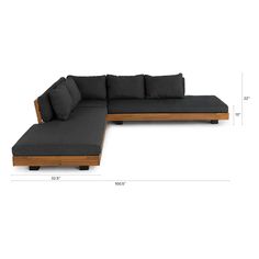 the sectional sofa is shown with measurements for each seat and back side, along with an ottoman